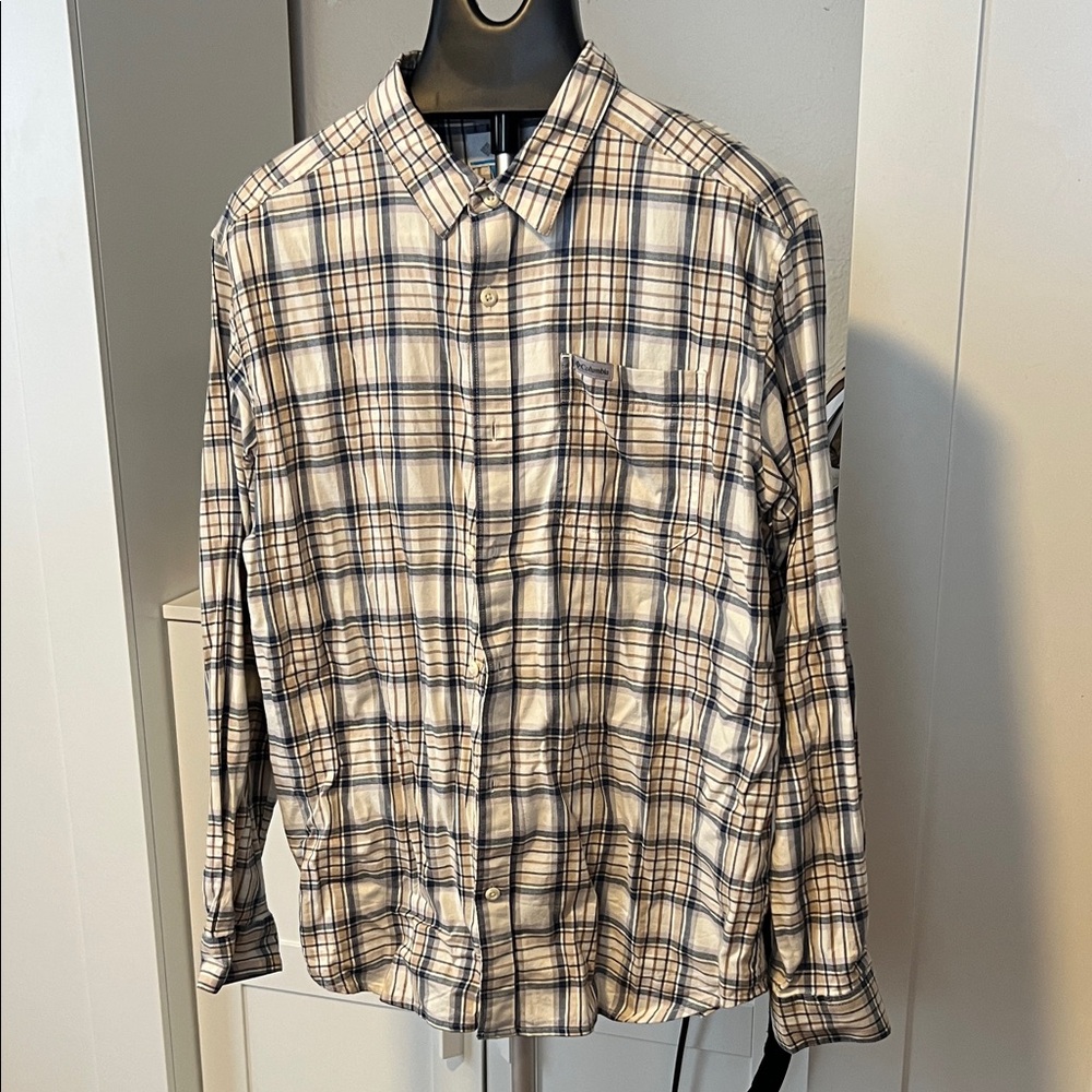 Columbia Men's Beige and Navy Plaid Button Down Shirt